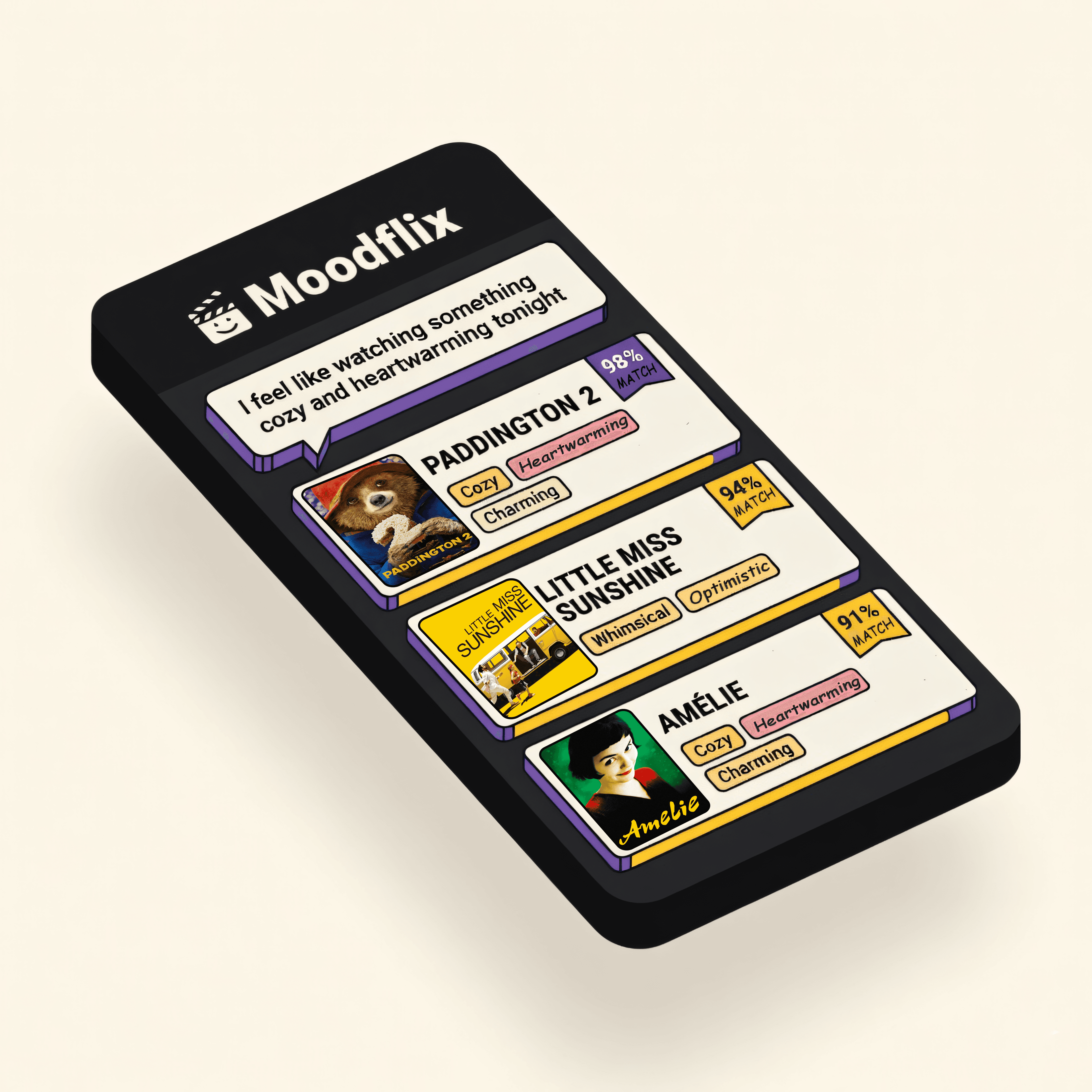 Moodflix app showing mood-based movie recommendations